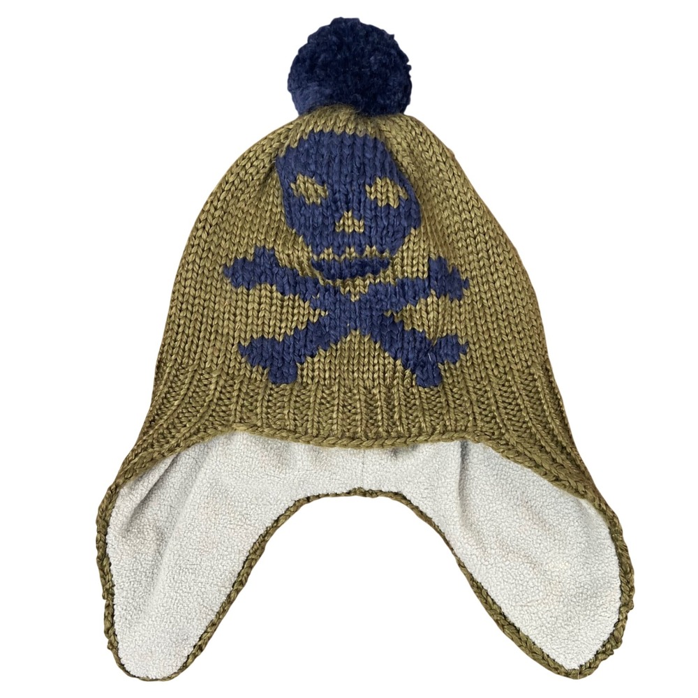 Mini Boden Kids Skull Crossbones Trapper Hat Olive Green Navy Blue 2-6y Fleece